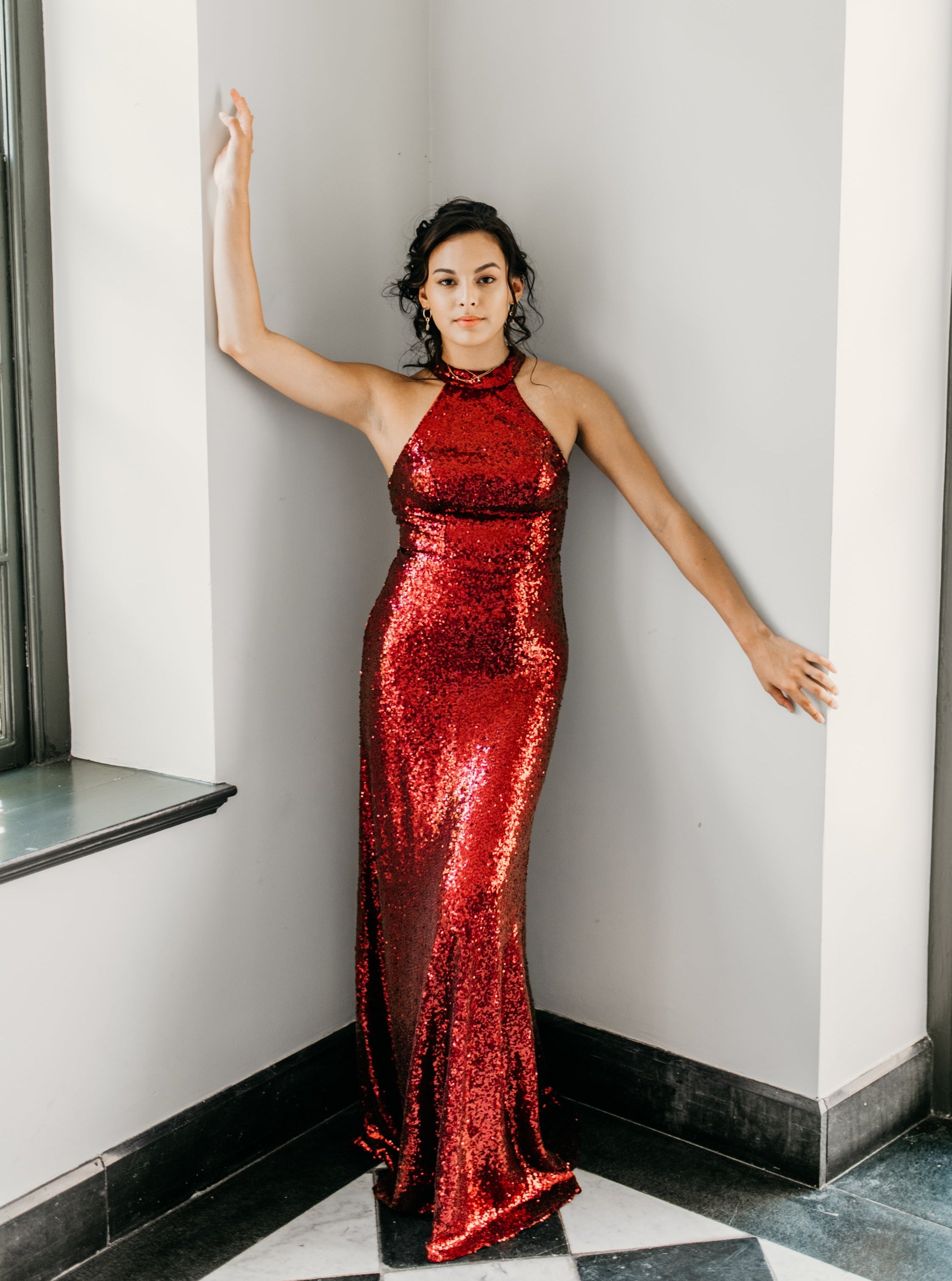 revelry hazel sequin dress Revelry Dress Hazel Bridesmaid Gown V Neck Drape Back in Sequin Gold