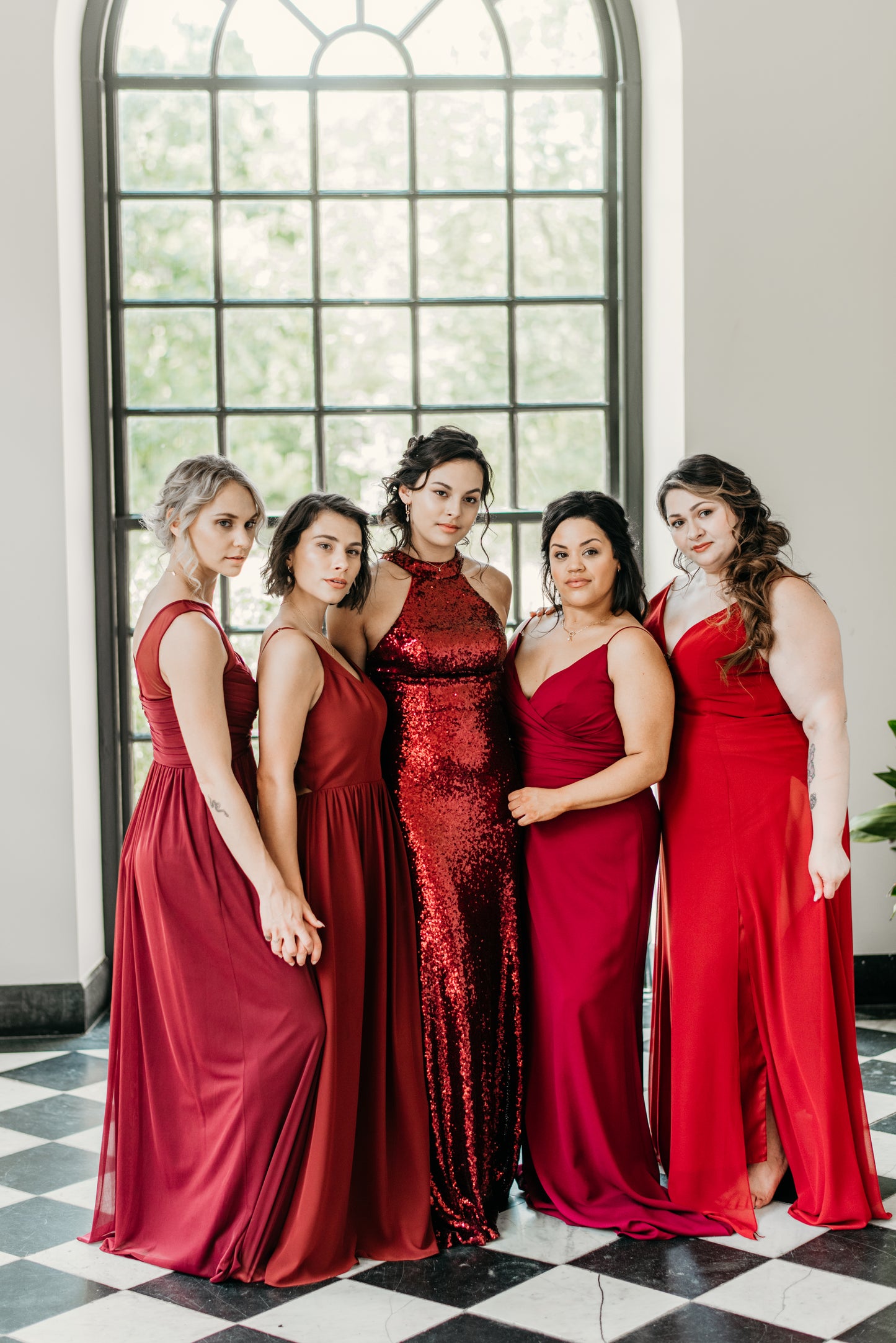 Katie (far right) wears the Ann Dress